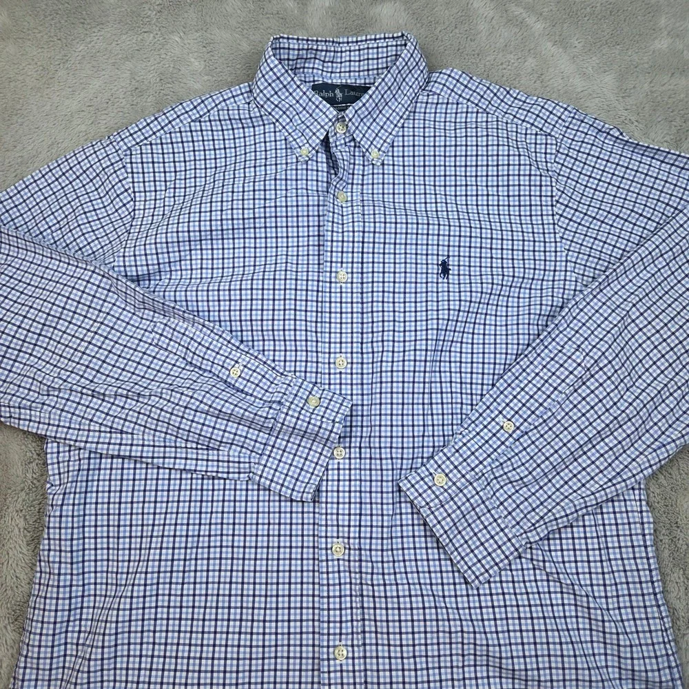 Ralph Lauren Button Down Shirt Mens L Classic Fit Gingham Check Blue and White